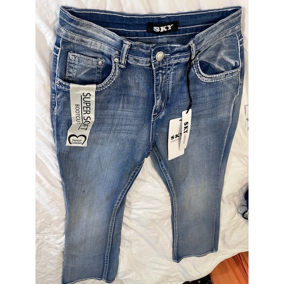 Sky Denim - NWT SKY Blue Bootcut Jeans 13 Winged Skull Rhinestone Bling Y2K Mall Goth Denim